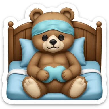 sleepy cute bear with sleeping mask sitting on comfiest bed sticker