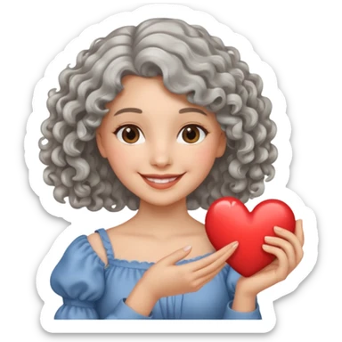 silvery curly/wavy shoulder-length hair smiling lady holding a heart sticker