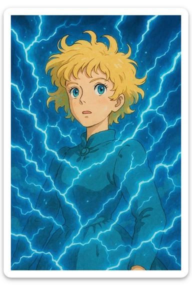 a woman with short curly blonde hair, blue eyes, surrounded by blue lightning, whimsical and vibrant, ghibli style sticker