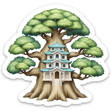 White pastel marble Akademiya building built onto huge tree sticker