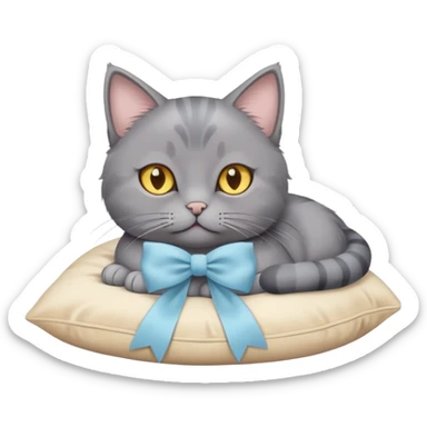 A grey cat with yellow eyes and a light blue bow sits on a beige pillow



 sticker