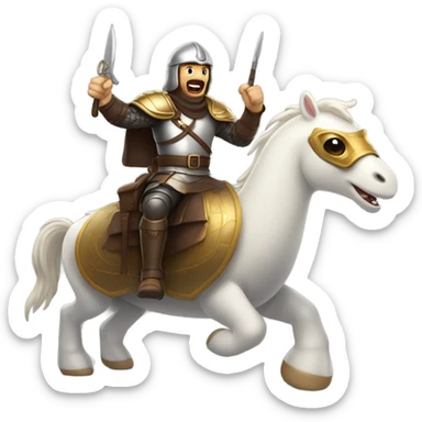 Confident armored White Man with dark brown hair and a short beard pointing forward with one arm yelling a battle charge while riding on the back of a giant armored duck sticker