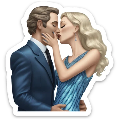 reptilian alien woman, in long slim pastel blue formal party satin dress with gradient shiny sparkling navy blue diamonds embroidered , and caucasian man in black dress kissing sticker
