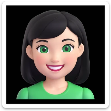girl with black hair and green eyes, memoji style, smiling, round face, white background sticker