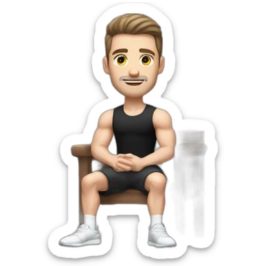 Pale skinned Fit Man With the biceps and dark brown hair in black shirt, gray sports shorts and white Sneakers Sitting on a chair sticker