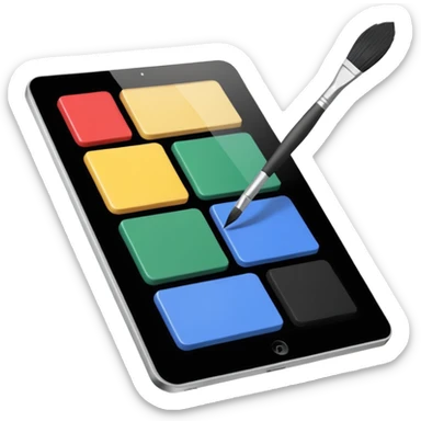 A simple graphic for digital art. A tablet dissolving into pixels with a paint brush or a pallet overlaid. No gradients. Just black on white. sticker