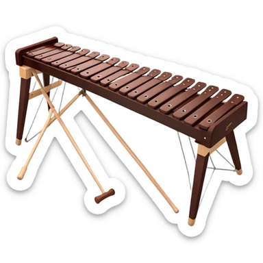 Create a detailed and professional emoji representing a Fleet FLT-SX37 orchestral long wooden xylophone. The design should showcase the large, wooden bars of the xylophone arranged in a traditional layout, with a polished, smooth finish. The bars should be dark brown or mahogany, with soft metallic reflections on the resonators underneath. Include two mallets with rubber or wooden heads resting on the bars, emphasizing their role in striking the notes. The xylophone should have a sophisticated and professional appearance, with clean lines and a polished look. Add subtle musical notes or sound waves to represent the vibrant sound produced by the instrument. The background should be transparent. sticker