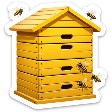 A wooden hive box with bees buzzing around the entrance. sticker