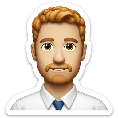 Portrait of an adult guy with brown-red hair, serious, light skin, brown stubble, blue eyes, wearing a white office shirt. sticker