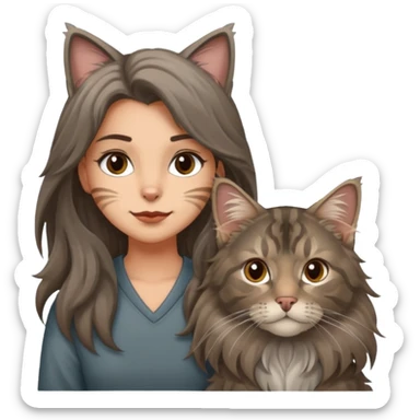 Emojis de una chica de pelo castaño largo sujetando un gatito gordo peludo mainecoon de colores gris negro y marrón  sticker