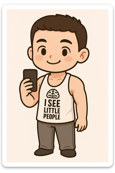 Full body illustration of a young man with short dark hair, light skin, no beard, smiling, in a cute, cartoon, simplified style similar to the example of Snape and Voldemort in chibi stickers style, with bold black lines and soft colors. sticker