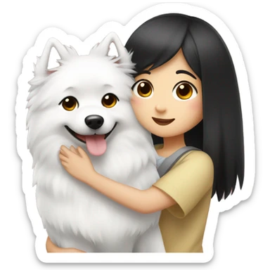 Japanese spitz dog hug black short hair girl sticker