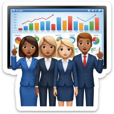 group of people pointing at a digital presentation screnn full of charts and graphs sticker