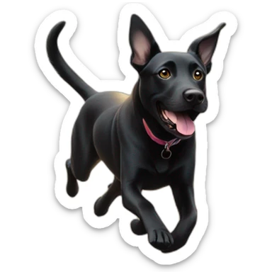 Black Labrador runs after a sun bunny sticker