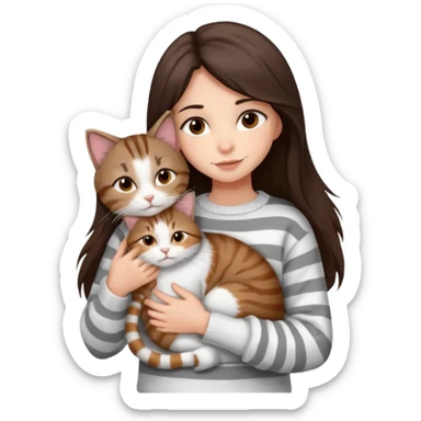 a girl with long dark brown hair, in a
white sweater and brown eyes, hugs a tabby
grey and white strips one cat. sticker