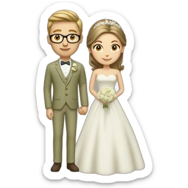 Wedding couple. She has brown Hair and a chignon. He has a light olive green suit with a brown vest. He wears glasses and is blond. sticker