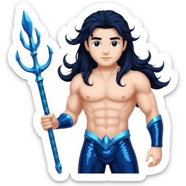 Neptune, God of Sea from Gods and Goddesses with long jet black hair, dark blue sequin outfit sticker