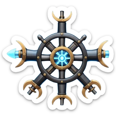 A Discord emoji of a black iron mechanical propeller or anchor with glowing blue energy lines. Steampunk-gothic fusion, high visibility, white background. sticker