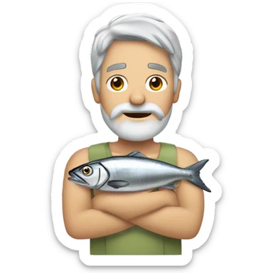 light gray hair man with long hair, light gray beard, open hawaian shirt, holding a sardine fish, and a towel upon his head sticker