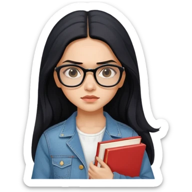generate a pretty bratz emoji 
Make her wear a white dress with a denim jacket over it.long  black hair in a side part. Holding books

She should look exactly  like Deepika padukone! wearing tiny rectangular spectacle, looking sad sticker