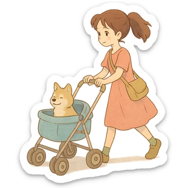 girl walking a dog in a stroller with soft colors sticker