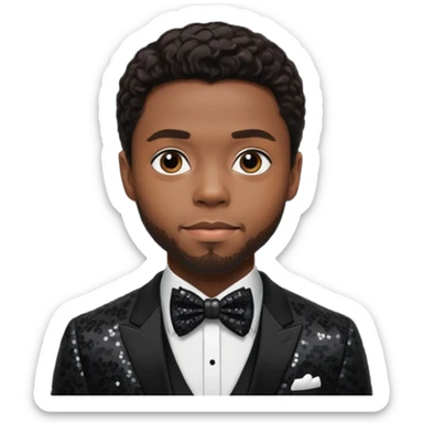  Chadwick Boseman with dark brown hair, black sequin suit with bow tie sticker