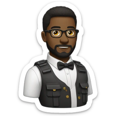 black soldier with a beard, a part in hair, wearing glasses, a white collared shirt, a bow tie, bulletproof vest sticker