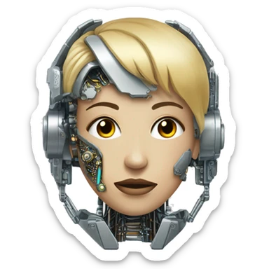 female cyborg head with metallic plated face, blonde bobbed hair and circuitry sticker