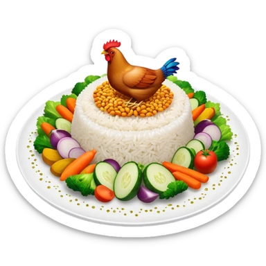 Magical floating plate with ethereal glowing rice, chicken pieces surrounded by sparkles, and enchanted Puerto Rican Boricua mix vegetables sticker