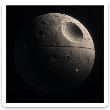 realistic Star Wars moon, partially shadowed, with subtle mechanical features reminiscent of the Death Star, detailed and atmospheric sticker