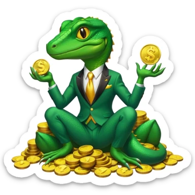 cunning capitalist lizard in a suit sitting on a pile of gold coins sticker