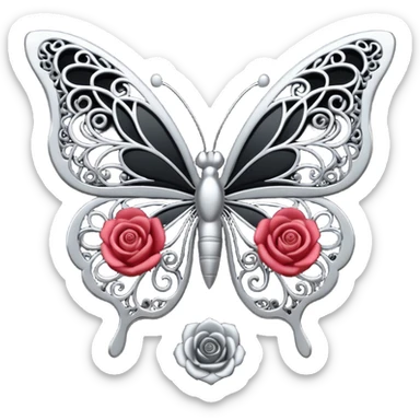 Black and silver filigree rose with a stunning butterfly, 3D, extremely detailed design sticker
