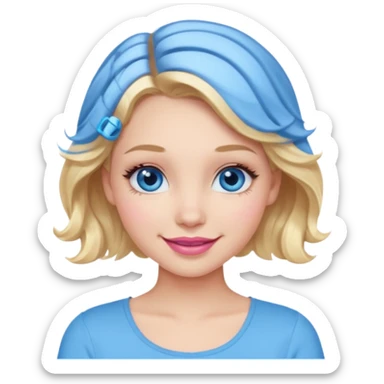 Girl Blonde short wavy hair,  blue eyes, cute blue top, long lashes, pink lips, smiling, 💁🏻‍♀️  sticker
