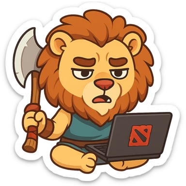 humanoid lion with an axe sitting and playing Dota, Telegram sticker style, bright, expressive, modern, humorous sticker