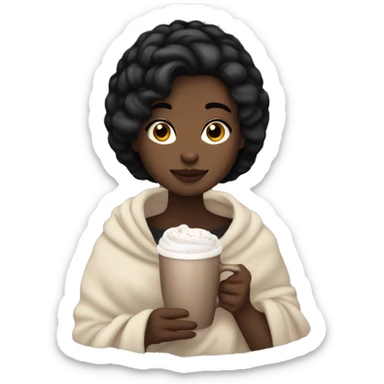 white girl with short black hair cozy with a blanket and hot chocolate  sticker