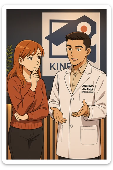 su questo stile fai un manga/webtoon a colori in cui una donna SI TOCCA IL MENTO CON L'INDICE MENTRE ASCOLTA PENSIEROSA L'UOMO, l'uomo della foto in stile manga LE SPIEGA CHE DEVE PROVARE LA SUA VALUTAZIONE MEDICA, mantieni un ambiente simile alla foto che ho allegato con il suo logo (sarebbe il suo studio, lui è un kinesiologo), scrivigli "ANTONIO ANANIA" sul camice bianco, non mettere fumetti, ma fai in modo che sembri che la donna ASCOLTI l'uomo sticker