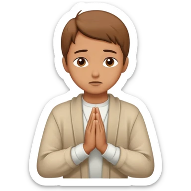 Person apologizing with hands together in prayer position, sorry face sticker