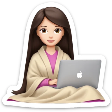 Barbie girl with a long straight dark brown hair inside a pale beige blanket working macbook  sticker
