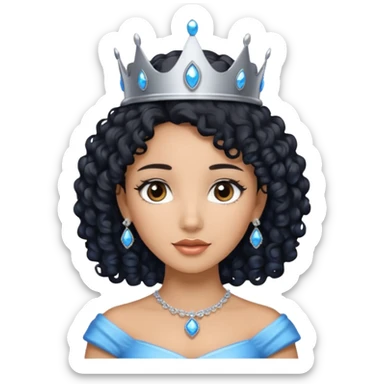 Por favor hazme el emoji de la princesa pero con piel canela con el pelo negro y rizado, los ojos marrones y la corona plateada con jollas azules sticker