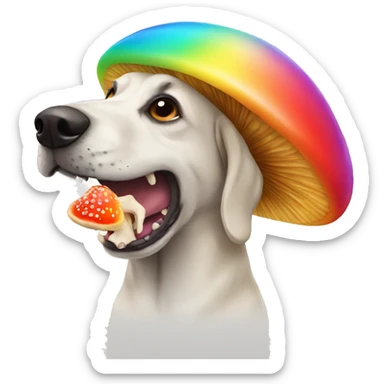 dog eating a rainbow mushroom sticker