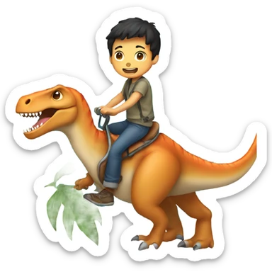Asian boy riding a dinosaur sticker