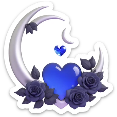 midnight blue glass heart with a silver crescent moon, surrounded by small black roses, gothic and luxurious sticker
