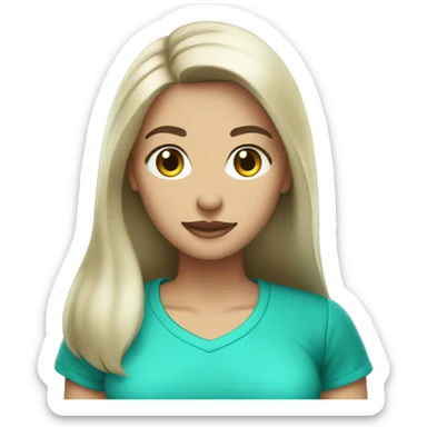 woman cleaner with light skin and long dark straight hair in turquoise color t-shirt. she stay with vacum cleaner sticker