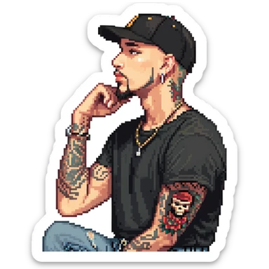 a man with a shaved head, goatee, pierced ear, and green eyes, wearing a black baseball cap, black shirt, jeans, and tattoos on one arm, pixel art style, side profile sticker