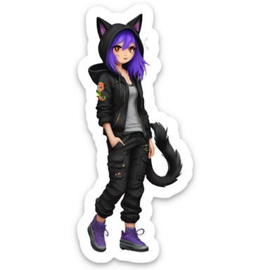 Edgy Anthro-sona cool shy colorful urban beautiful pretty anime Black cat-Pokémon techwear cargo pants hoodie collar sticker