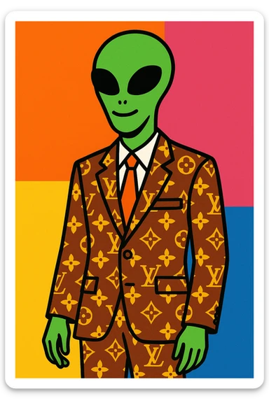 Green tall alien wearing Louis Vutton suit sticker