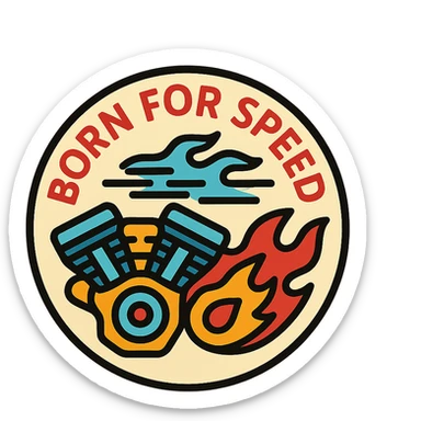 circular motorcycle cap design with the English phrase 'Born for Speed', featuring motorcycle motifs like motor, flame, wind, speed style sticker