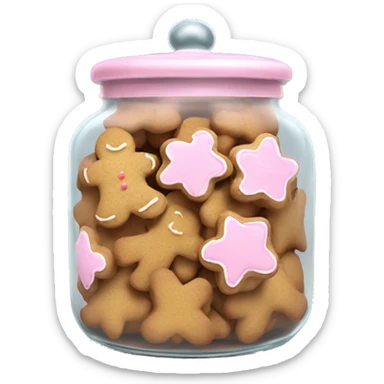 Realistic glass cookie jar with light pink lid full of gingerbread cookies isolated.  sticker