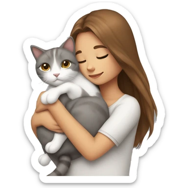 White grey cat cuddling brown long hair girl sticker