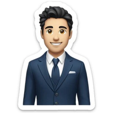  a young man with a joyful expression. He has dark hair styled neatly, a clear complexion, and is wearing a dark blue suit with a notched lapel, over a white shirt with no visible tie. sticker